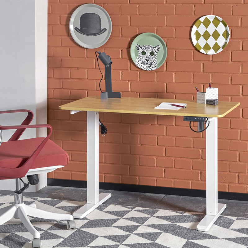 Birou reglabil pe inaltime, electric, 105/56/73-118 cm, stil modern, stejar auriu si alb - imagine 8